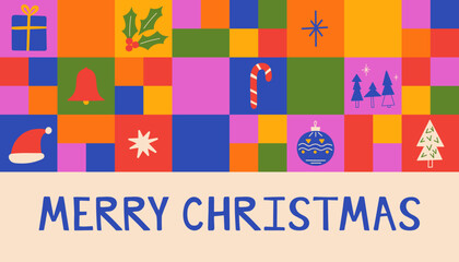 Merry Christmas trendy poster, card, banner template. Hand drawn vector illustration elements. Colorful holiday greeting poster design with lettering inscription design