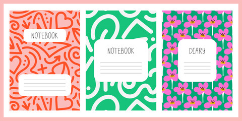 Set of colorful cover page templates for print products, stationery, notebooks, workbooks, diaries, brochures, planners. Vector illustrations, layout background composition designs