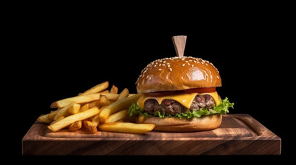 burger and fries on a black background. Generative AI