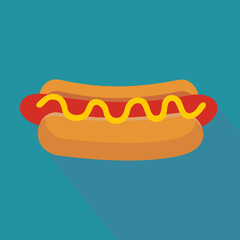 Hot dog with bread, sausage and sauce on a blue background with shadow in a flat design style