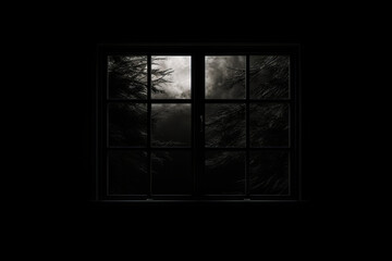 Window with view of dark forest outside of it.