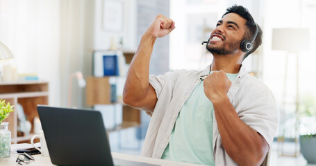 Success, win and call center worker with a laptop to celebrate a target, goal or bonus in remote...