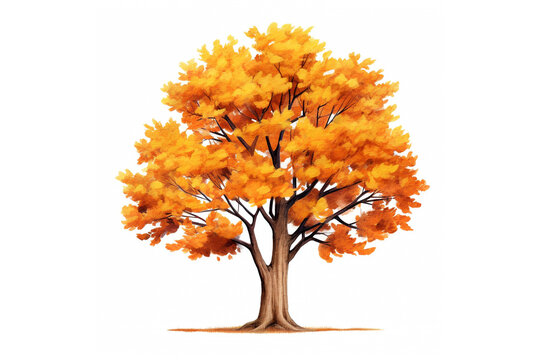 Autumn tree isolated on white background. Orange fall leaves. Watercolor illustration created with Generative Ai technology