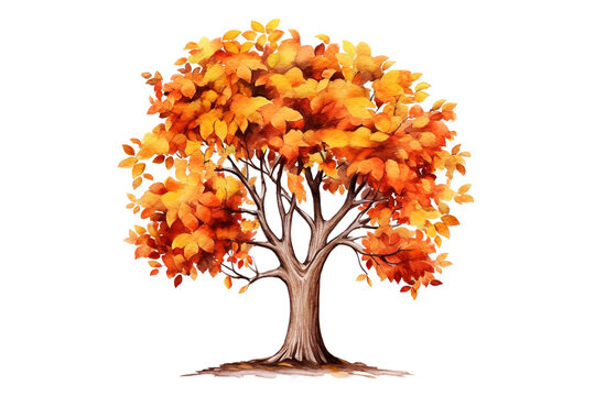 Autumn tree isolated on white background. Red and orange fall leaves. Watercolor illustration created with Generative Ai technology