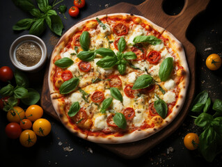 Pizza Margherita on black stone background, top view. Pizza Margarita with Tomatoes, Basil and Mozzarella Cheese close up.