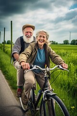 Obraz premium freedom, happy and portrait with a senior couple on a bicycle adventure to explore the country side
