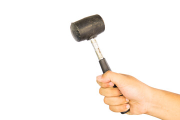 Hand holding rubber mallet black white background