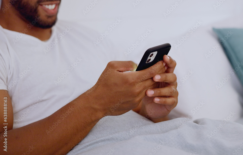 Poster typing, bed and hands of a man with a phone for social media, communication and chat. contact, inter