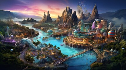 A magical theme park full of captivating attractions and immersive experiences, designed to entertain and delight both children and adults alike. Generative AI