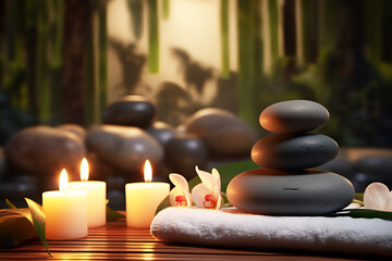 Spa Concept - Massage Stones With Towels And Candles In Natural Background. AI generated. - obrazy, fototapety, plakaty