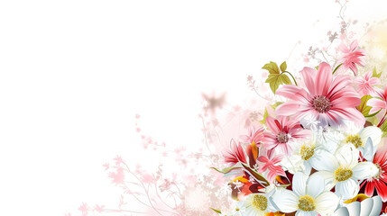 Flower arrangement with copy space. Vintage template greeting card base design. Floral banner, poster, white background.