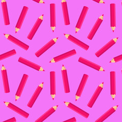Seamless pattern neon pink pencils on purple  background.Kids school stationery Doodles drawn by pink pencils.Art and creativity, pack for drawing.Vector illustration