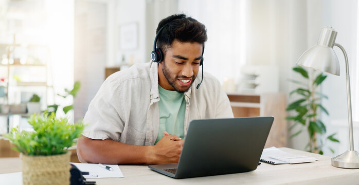 Consulting, Remote Work And Call Center Worker With A Laptop For Online Advice And Conversation. Contact Us, Explaining And Man Speaking For Customer Service, Support And Telemarketing On A Computer