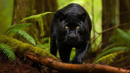 Gordijnen Black panther in the rainforest, 4k wallpaper - beautiful panther hd © OpticalDesign