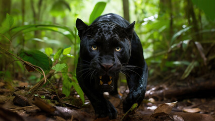 Naklejka na ściany i meble Black panther in the rainforest, 4k wallpaper - beautiful panther hd, chasing prey