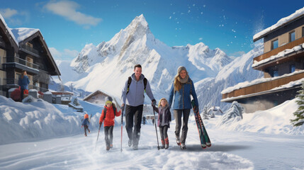Generative AI, family on vacation in a ski resort in the snowy mountains, skiing, travel with children, mountain landscape, winter sports, new year holidays, tourism, children