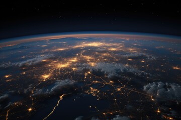 Earth planet at night. Abstract wallpaper. City lights on planet.
