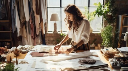 A young female fashion designer takes measurements of fabric in her atelier. Women's business. Design ai