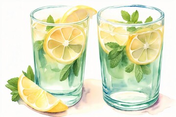 Two Glasses Of Water With Lemons And Mint