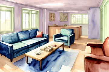 A Watercolor Painting Of A Living Room With Couches And A Coffee Table