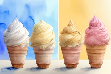 A Group Of Three Ice Cream Cones Sitting Next To Each Other