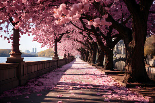 Tree-Lined Avenue with Cherry Blossoms
