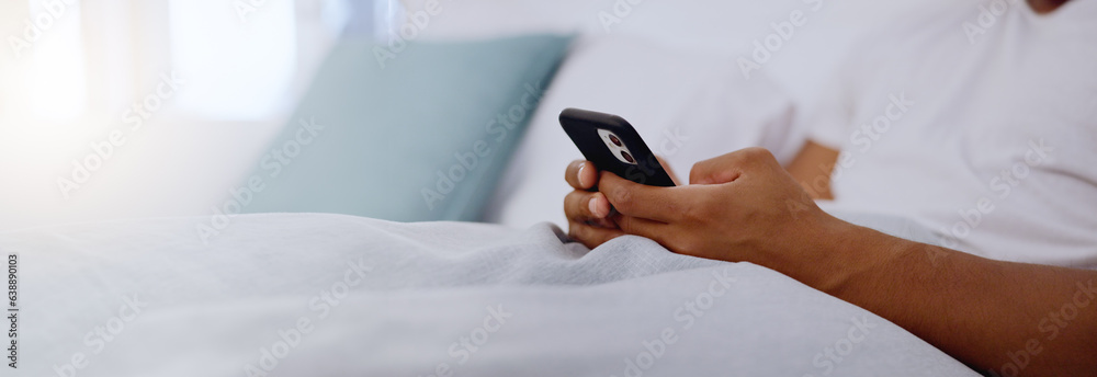 Poster typing, bed and hands of a man with a phone for social media, communication and chat. contact, inter
