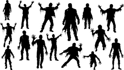 Zombie standing and walking actions in Silhouette style collection. Full lenght of people resurrected from the dead isolated on white
