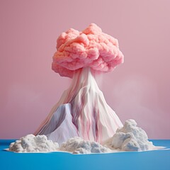 A white volcano mountain protruding from sea erupting  pink smoke cloud against pink sky background. Minimal vivid pastel colored vaporwave concept.