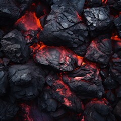 Burning hot black lava stones. Fiery barbecue charcoal close-up shot.