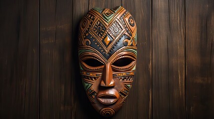 A striking photograph features a tribal mask set against a textured wooden background, part of a marketing campaign targeting customers interested in unique, global decor. Generative AI