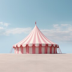 A pastel pink and white striped circus tent against blue sky background. Minimal art direction surreal carnival concept.
