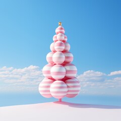 Christmas tree made of giant pink colored striped baubles on the snow against blue sky background. Minimal abstract New Year winter holiday concept.