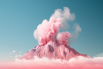 A pink volcano protruding from clouds erupting  pink smoke cloud against blue sky background. Minimal vivid pastel colored imaginary 80s and 90s landscape concept.