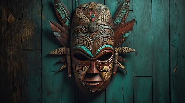 A striking photograph features a tribal mask set against a textured wooden background, part of a marketing campaign targeting customers interested in unique, global decor. Generative AI