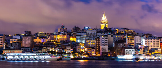 Galata Tower in Istanbul, Beautiful landmark Beyoglu district old houses with Galata tower, Turkey, Istanbul cityscape in Turkey with Galata Tower, Istanbul, Turkiye.