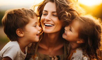 Mother and Kids Sharing a Moment of Happiness at Sunset, Outdoor