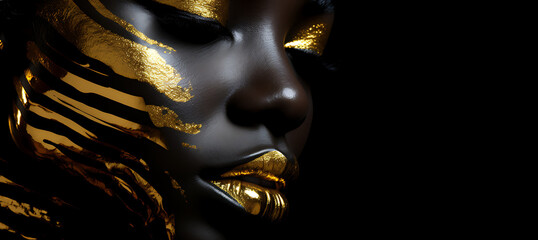 Beauty woman model painted in black skin color body, gold makeup, lips, and eyelids in gold color paint. Body art. Beauty gold metallic body painted Skin. african Fashion art