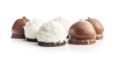 Chocolate covered marshmallows. Sweet dessert isolated on white background.