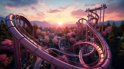 An extreme roller coaster designed with multiple twists and breathtaking drops, providing a pure adrenaline experience for the bravest riders. Generative AI