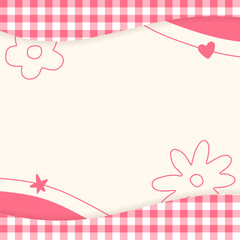 Cute Pastel Red Plaid Gingham Check Checkered with Heart Flower Star. Square Post Banner Template Frame Border Memo Sticky note Paper Background. Blank Note Copy Space Vector Illustration.