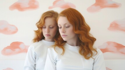Romantic portrait of a couple of girls in the beginning of their relationship and love. The minimalist aesthetic and white pastel palette emphasize the tenderness between the partners