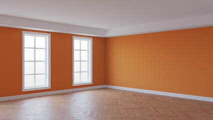 Orange Interior with a White Ceiling and Cornice, Glossy Herringbone Parquet Floor, Two Large Windows and a White Plinth. Unfurnished Room Concept. 3D illustration. 8K Ultra HD, 7680x4320, 300 dpi
