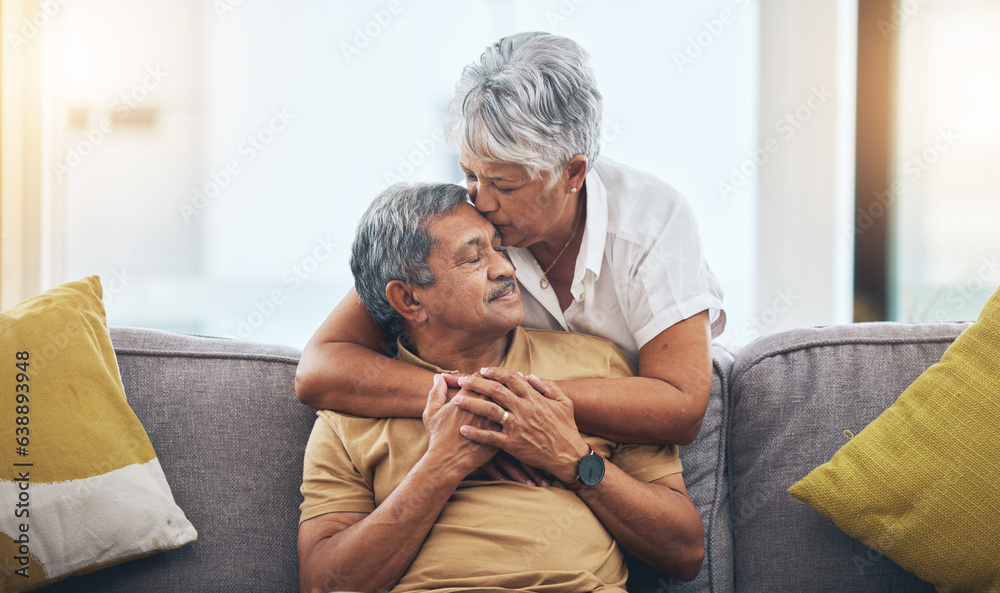 Canvas Prints Love, kiss and senior couple on sofa for bonding, healthy marriage and relationship in living room. Retirement, hug and loving man and woman on couch embrace for trust, commitment and care at home