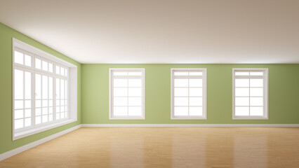 Empty Room with Light Green Plastered Walls, a Large Window on the Left and Three Windows on the Center. White Plinth and a Light Parquet Floor. Mockup Interior. 3D rendering, 8K Ultra HD, 7680x4320