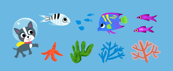 Vector set of underwater characters from childrens picture book. Dog diving underwater, cute fish, corals, seaweed. Children illustration of underwater world. Vector illustration