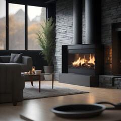 Livingroom with fireplace - obrazy, fototapety, plakaty