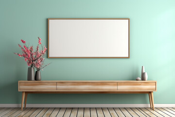 Minimalistisches Sideboard aus Holz mit Freiraum für Produktpräsentation, darüber hängt ein Bilderrahmen an mintfarbener Wand im Querformat, mit Freiraum zur Bildpräsentation oder als Textfreiraum. - 638894970