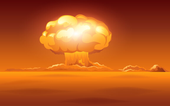 Vector illustration depicting a nuclear bomb. Themes of conflict, technological power, modern geopolitics, global security, and the consequences of advanced weaponry