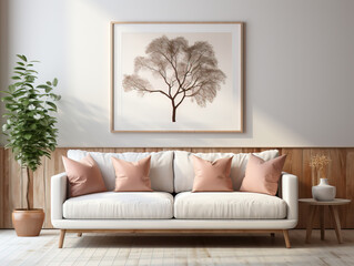 Beiges schlichtes Sofa mit rosa Kissen im skandinavischen Stil, darüber großer Bilderrahmen mit einer Baum-Illustration. Template zur Bildpräsentation. - 638895375
